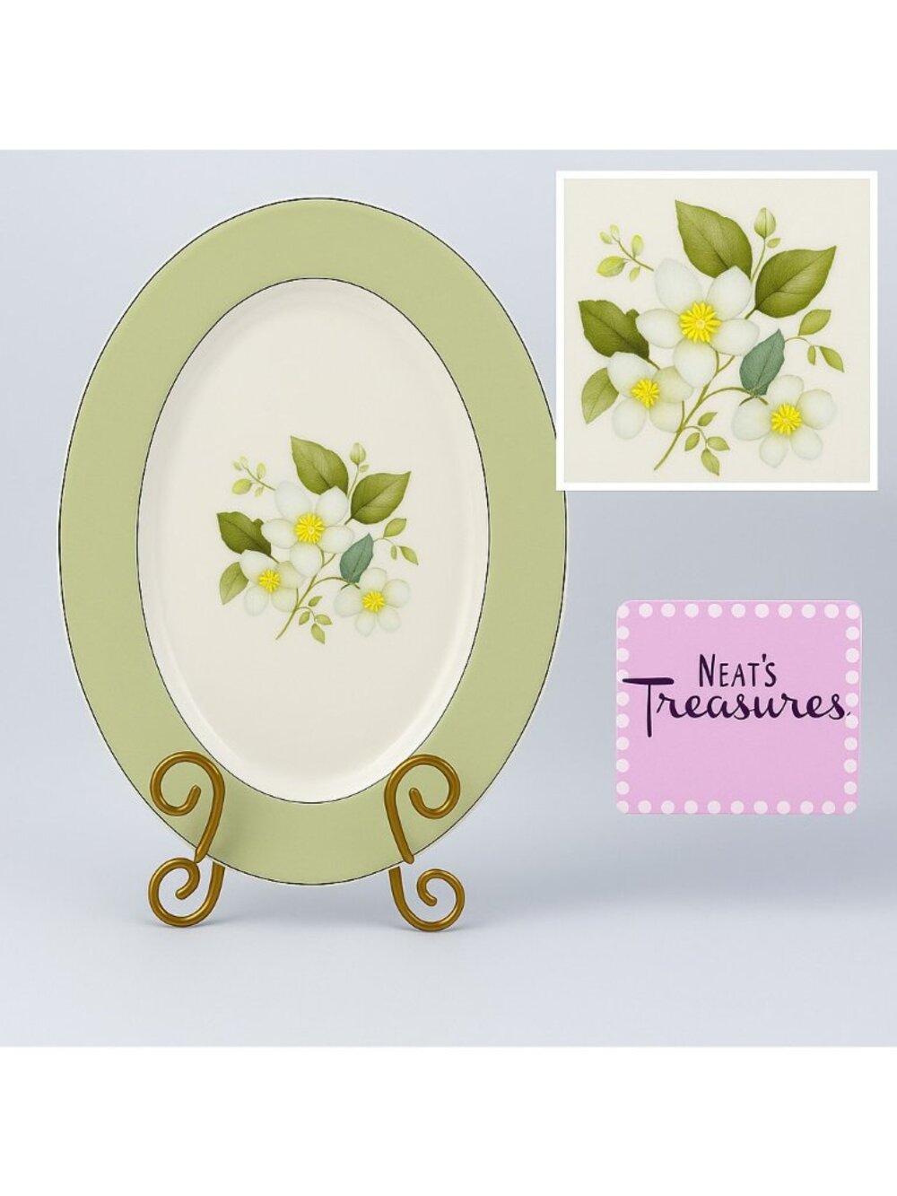 Johnson Brothers JB878 SNOWHITE England Ironstone Floral Green Trim Oval Platter